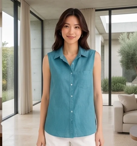 เสื้อเชิ้ตผ้าลินินแท้ 100% แขนกุด สีฟ้า เกรดพรีเมียม product