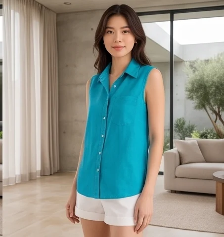 เสื้อเชิ้ตแขนกุดผ้าลินิน สีฟ้า product