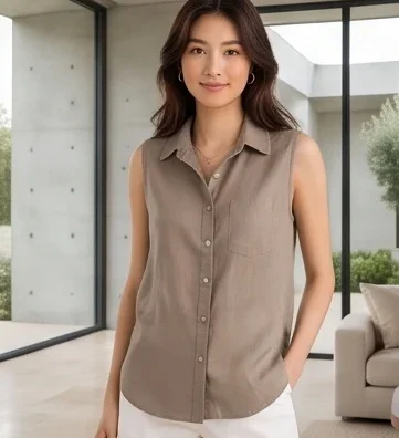 เสื้อเชิ้ตผ้าลินินแท้ 100% แขนกุด สีน้ำตาล เกรดพรีเมียม product